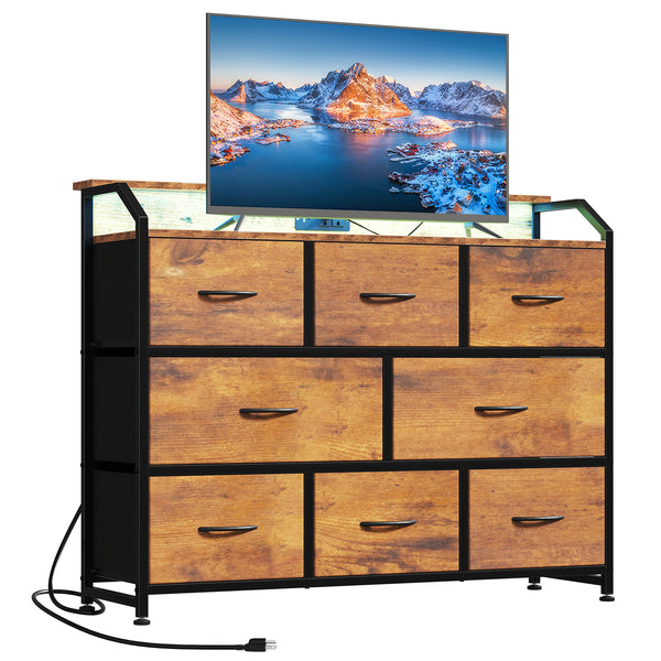 CONCETTA LED TV Stand Dresser, Fits TVs up to 45 Inches, LED Lights & Power Outlet, 8 Fabric Drawers Storage for Bedroom Living Room