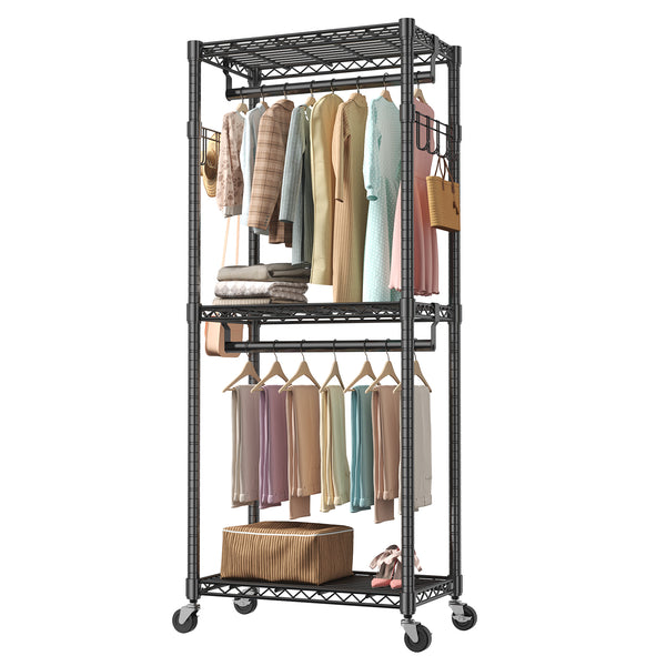 CONCETTA Rolling Clothes Rack, Adjustable Metal Shelves, Heavy Duty Clothes Rack with Side Hooks for Household, Laundry Room