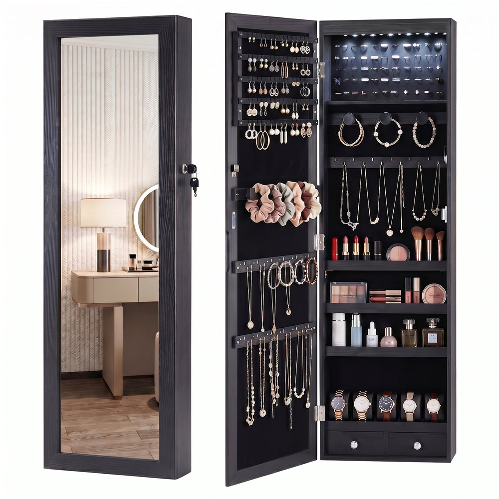 CONCETTA 47" Full-Length Mirror Jewelry Cabinet with Auto LED Lights, Wall-Mounted or Door-Hanging Organizer