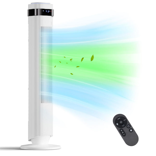 SHOUFTW Tower Fan Standing Bladeless, 23ft/s Velocity Quiet, 64° Oscillating with 5 Speeds, 4 Modes, 12H Timer for Indoor Bedroom