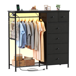 CONCETTA Dresser for Bedroom with Hanging Rack 6 Drawers Dresser, LED Lights & Charging Station, Wooden Top, Grid Panel