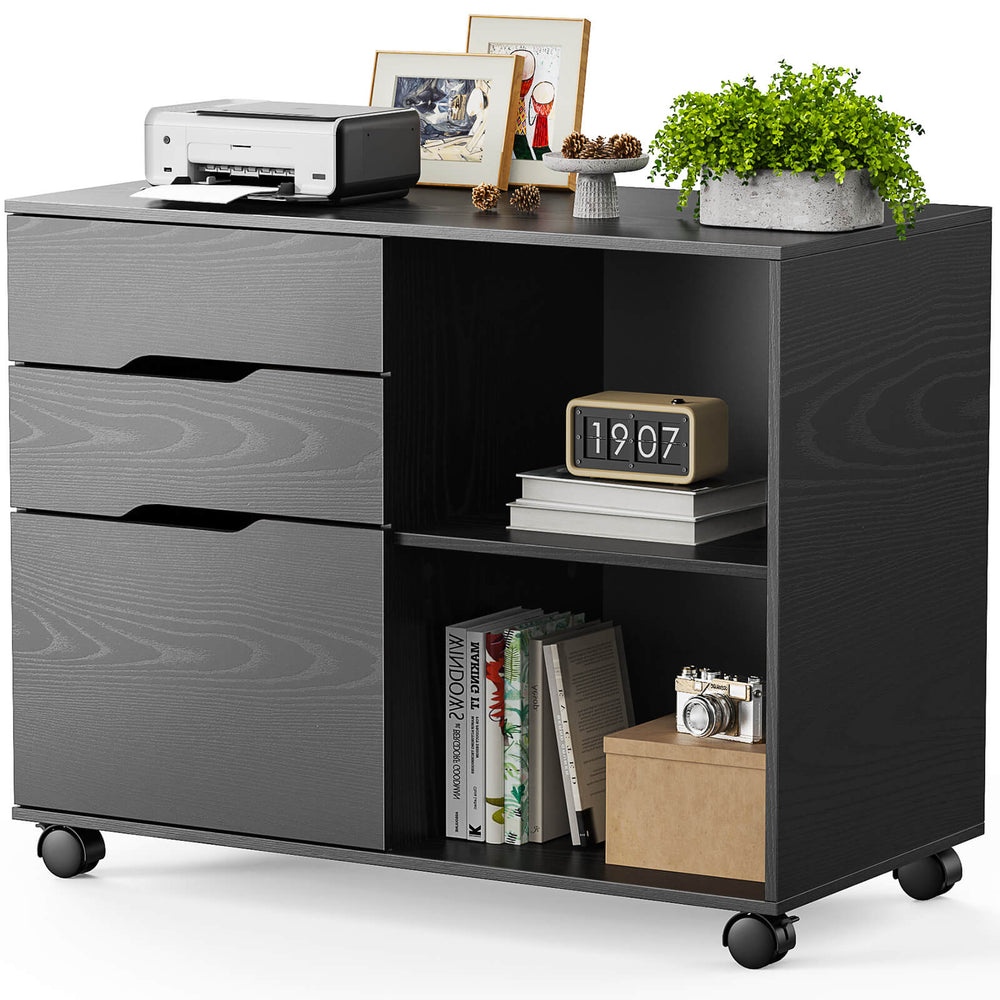 CONCETTA Lateral File Cabinet - with 3 Drawers, Rolling Wooden File Storage Drawer, Black Printer Stand Under Desk Organiser for Office, Home