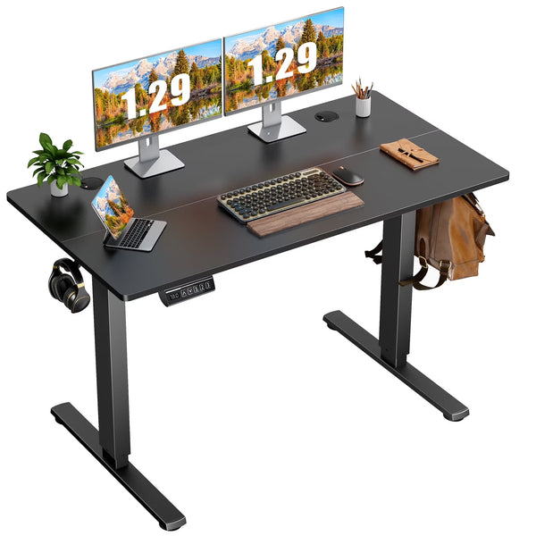 Electric Adjustable Height Standing Desk - 48 x 24 inch Sit to Stand Up Desk with Splice Board, Rising Home Office Computer Table with 2 Hook and Wire Hole for Work, Black