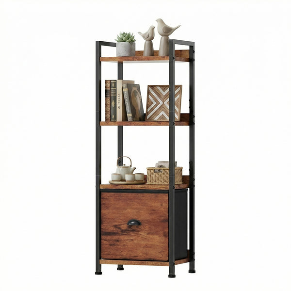 CONCETTA  Bookshelf with Drawer, Tall Narrow Bookcase with Shelves, Wood and Metal Storage Organizer for Bedroom, Living Room