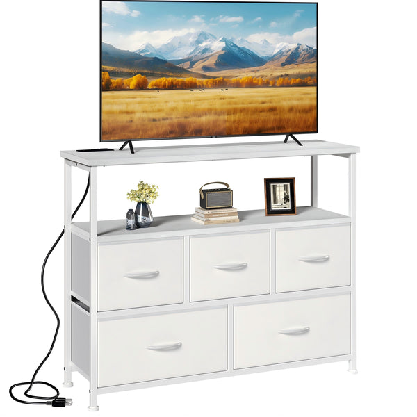 CONCETTA 39.3'' 5 Drawer Dresser with Charging Station, Fabric Storage Chest of Drawers for Bedroom, Living Room, Entryway