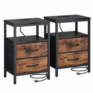 CONCETTA Small Nightstand with Charging Station, 2 Fabric Drawer, End Table with USB Ports and Outlets for Bedroom, Black，Black Brown，Rustic Brown，White