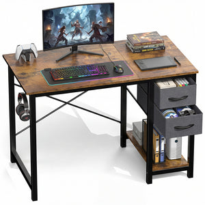 CONCETTA Small Computer Desk with Storage Shelf, 40 or 47 Inch Writing Work Study Computer Desk for Home Office Bedroom, 2-Tier Drawers, Side Headphone Hook, Modern Style for Home Bedroom