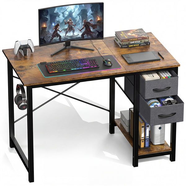 CONCETTA Small Computer Desk with Storage Shelf, 40 or 47 Inch Writing Work Study Computer Desk for Home Office Bedroom, 2-Tier Drawers, Side Headphone Hook, Modern Style for Home Bedroom