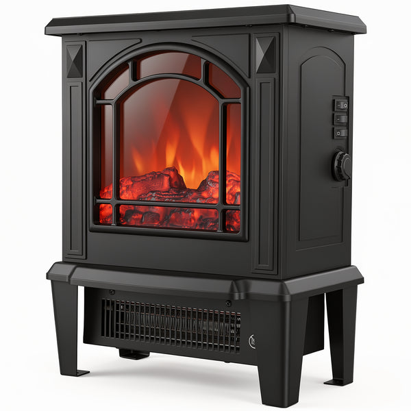 SHOUFTW 18" Freestanding Electric Fireplace Stove, 1400W Space Heater with 3D Realistic Flame, Indoor Fireplace for Bedroom, Living Room, Office, Black