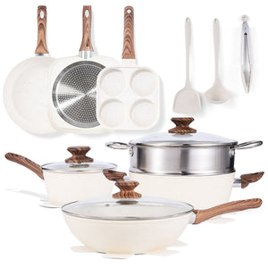 CONCETTA 17-piece non-stick cookware set,non-toxic kitchen cooking set,with heat-resistant handles,off white,black
