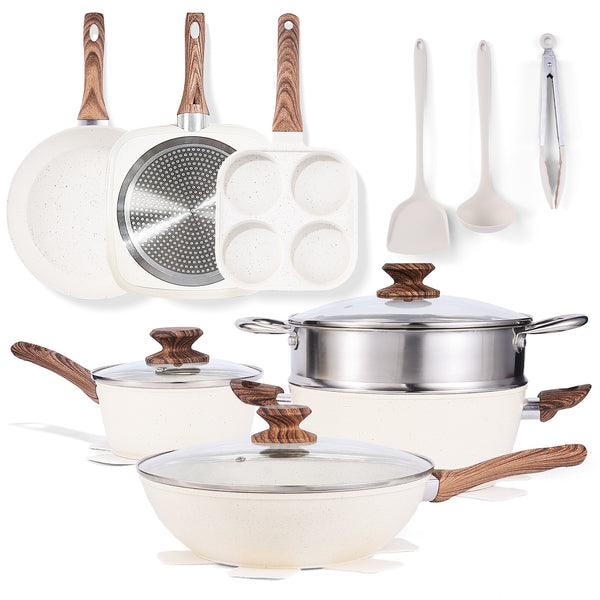 CONCETTA 17-piece non-stick cookware set,non-toxic kitchen cooking set,with heat-resistant handles,off white,black