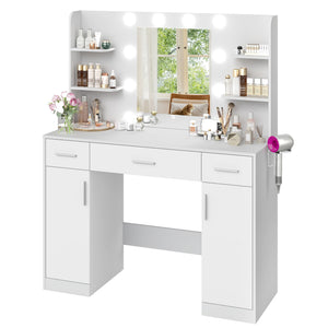 CONCETTA Modern Adult Vanity Desk 1 Piece with Mirror, Power Outlet and Lights, White Table Set
