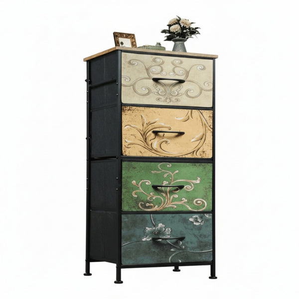 CONCETTA 4 Drawer Dresser, Wide Chest Drawers Nightstand Storage Tower Storage Fabric Dresser With Wood Top for Living Room, Bedroom, Closet