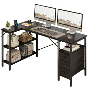 47"L Shaped Computer Desk with 3 Drawers, Power Outlets, USB Ports, and Monitor Stand, Corner Gaming Desk for Home Office