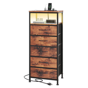 Fabric Drawers Nightstand with Charging Station, Bedside End Table with Power Outlet & USB/Type-C Ports, Iron Frame Structure, Adjustable Feet and Variable Light Strip for Bedroom