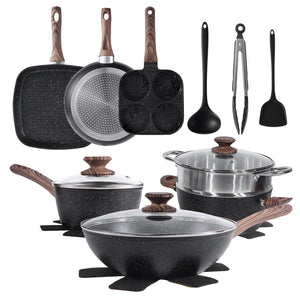 CONCETTA 17-piece non-stick cookware set,non-toxic kitchen cooking set,with heat-resistant handles,off white,black