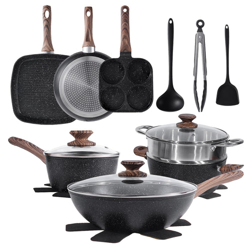 CONCETTA 17-piece non-stick cookware set,non-toxic kitchen cooking set,with heat-resistant handles,off white,black
