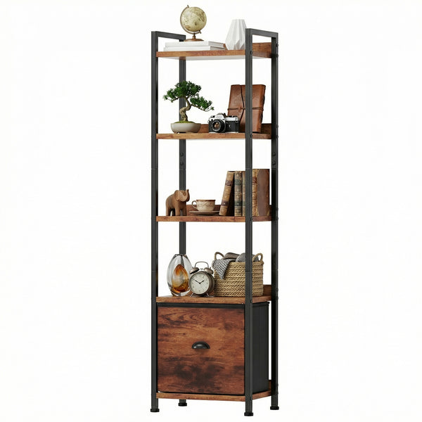 CONCETTA  Bookshelf with Drawer, Tall Narrow Bookcase with Shelves, Wood and Metal Storage Organizer for Bedroom, Living Room