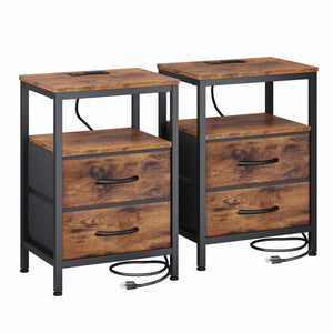 CONCETTA Small Nightstand with Charging Station, 2 Fabric Drawer, End Table with USB Ports and Outlets for Bedroom, Black，Black Brown，Rustic Brown，White