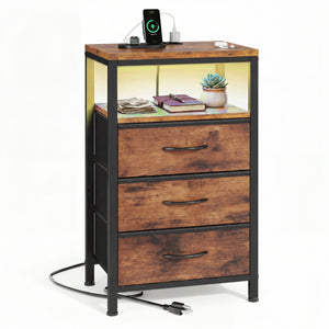 Fabric Drawers Nightstand with Charging Station, Bedside End Table with Power Outlet & USB/Type-C Ports, Iron Frame Structure, Adjustable Feet and Variable Light Strip for Bedroom