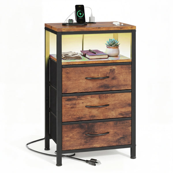 Fabric Drawers Nightstand with Charging Station, Bedside End Table with Power Outlet & USB/Type-C Ports, Iron Frame Structure, Adjustable Feet and Variable Light Strip for Bedroom