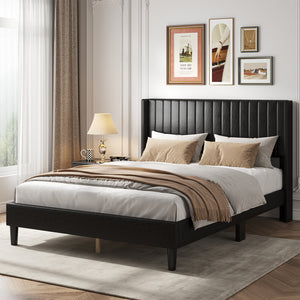 CONCETTA Full Size Bed Frame with Wingback PU Upholstered Headboard and Wooden Slats Support, No Box Spring Needed, Easy Assembly, Black