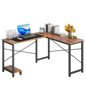 CONCETTA L Shaped Computer Desk with Reversible Storage Shelves, Corner Gaming Desk with PC Stand, Home Office Writing Study Table, Sturdy Metal Frame