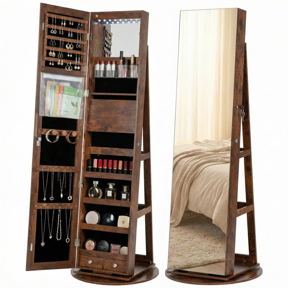 CONCETTA 6 LED Jewelry Cabinet with Frameless Full-Length Mirror, 360° Swivel Lockable Organizer Standing Armoire, 3 Storage Shelves