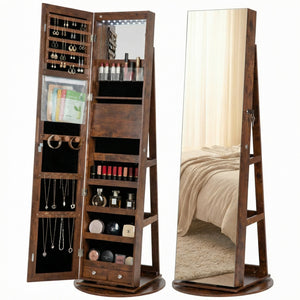 CONCETTA 6 LED Jewelry Cabinet with Frameless Full-Length Mirror, 360° Swivel Lockable Organizer Standing Armoire, 3 Storage Shelves