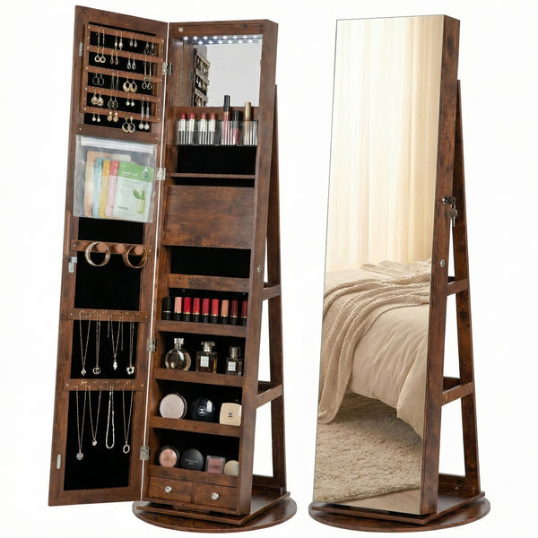 CONCETTA 6 LED Jewelry Cabinet with Frameless Full-Length Mirror, 360° Swivel Lockable Organizer Standing Armoire, 3 Storage Shelves
