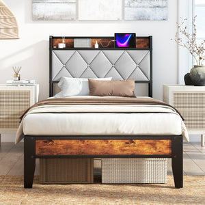 CONCETTA Twin Size Heavy Duty Metal Bed Frame, Storage Headboard with Charging Station, Noise Free, No Spring Box Required, 800lbs Capacity
