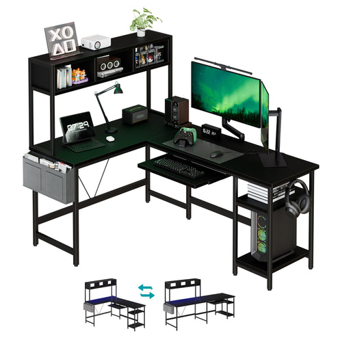 67 inch Reversible L-Shaped Desk with LED Lights, Power Outlets, Drawer, Keyboard Tray & Hutch