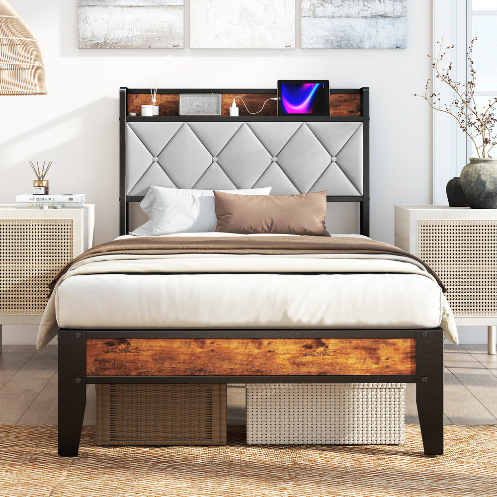 CONCETTA Full Size Heavy Duty Metal Bed Frame, Storage Headboard with Charging Station, Noise Free, No Spring Box Required, 880lbs Capacity
