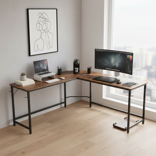 CONCETTA L Shaped Computer Desk with Reversible Storage Shelves, Corner Gaming Desk with PC Stand, Home Office Writing Study Table, Sturdy Metal Frame
