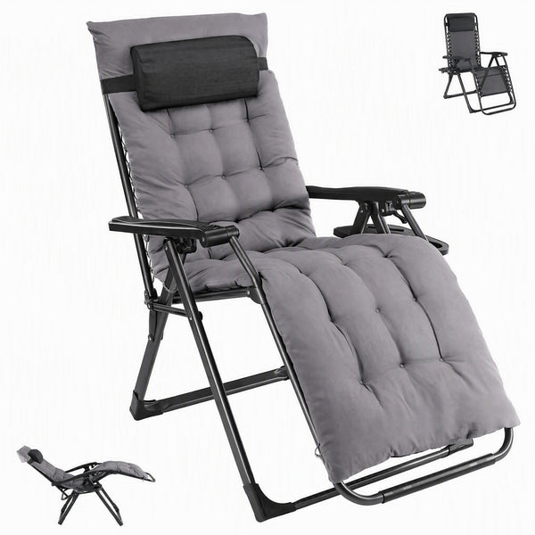 SHOUFTW Padded Zero Gravity Lounge Chair with Detachable Cushion & Side Tray, Folding Reclining Patio Chair, Outdoor Lawn Lounger