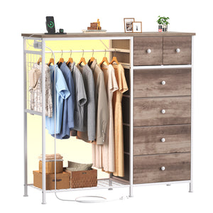 CONCETTA Dresser for Bedroom with Hanging Rack 6 Drawers Dresser, LED Lights & Charging Station, Wooden Top, Grid Panel