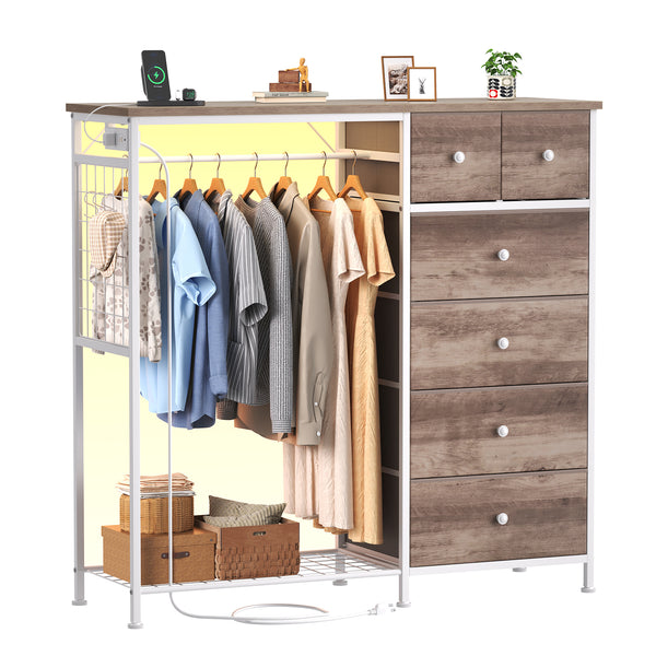 CONCETTA Dresser for Bedroom with Hanging Rack 6 Drawers Dresser, LED Lights & Charging Station, Wooden Top, Grid Panel