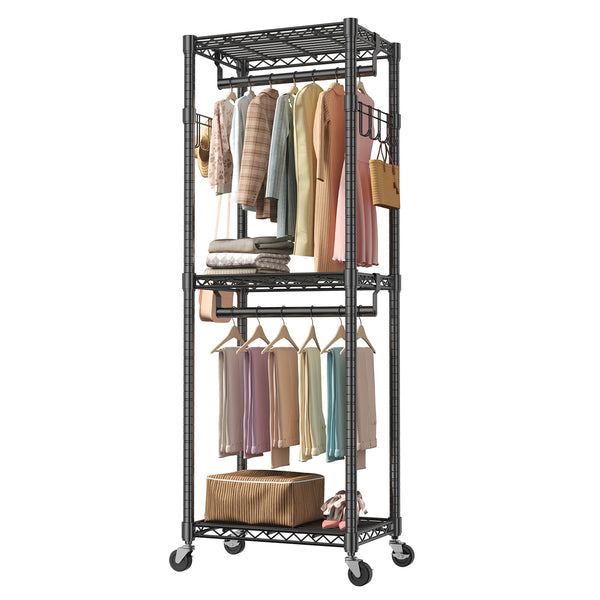 CONCETTA Rolling Clothes Rack, Adjustable Metal Shelves, Heavy Duty Clothes Rack with Side Hooks for Household, Laundry Room