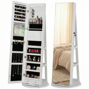 CONCETTA 6 LED Jewelry Cabinet with Frameless Full-Length Mirror, 360° Swivel Lockable Organizer Standing Armoire, 3 Storage Shelves