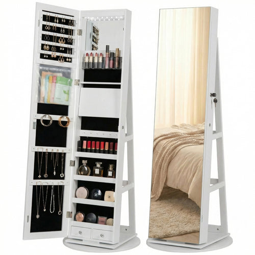 CONCETTA 6 LED Jewelry Cabinet with Frameless Full-Length Mirror, 360° Swivel Lockable Organizer Standing Armoire, 3 Storage Shelves