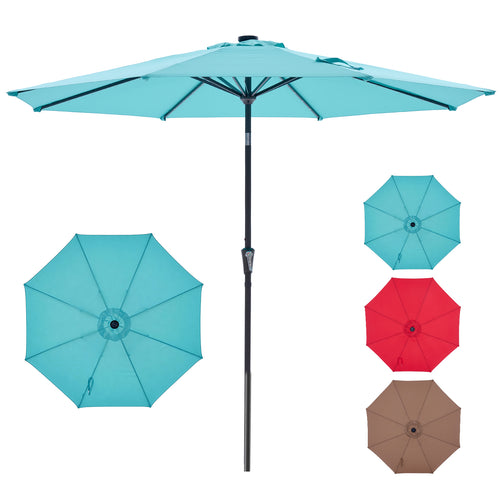 SHOUFTW 10FT Outdoor Patio Umbrella with Solar LED Lights, Push-Button Tilt Market Umbrella, Weather-Resistant 8-Rib Sun Shade for Patio, Garden, Backyard, Deck or Poolside