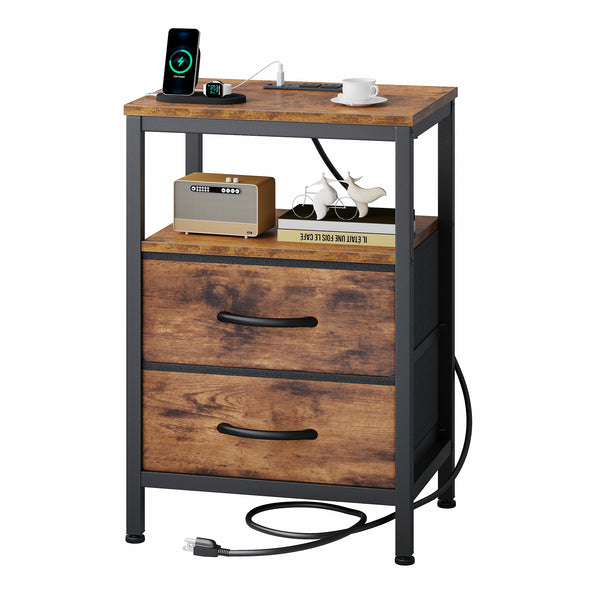 CONCETTA Small Nightstand with Charging Station, 2 Fabric Drawer, End Table with USB Ports and Outlets for Bedroom, Black，Black Brown，Rustic Brown，White