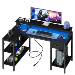 L-Shaped Gaming Desk - Reversible with LED Lighting, Power Outlets & Double-Tier Storage, for Home Office