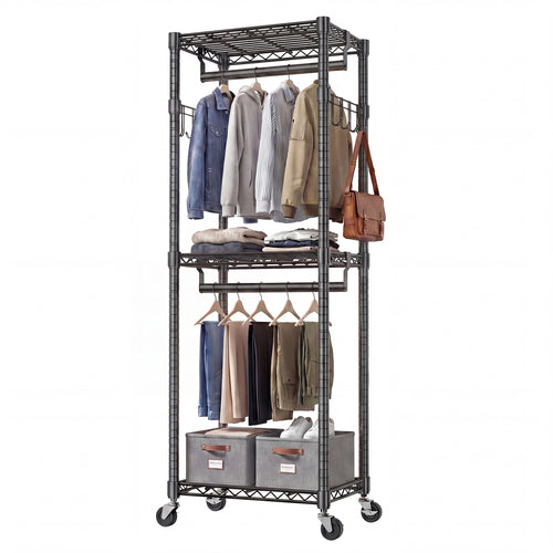 CONCETTA Rolling Clothes Rack, Adjustable Metal Shelves, Heavy Duty Clothes Rack with Side Hooks for Household, Laundry Room