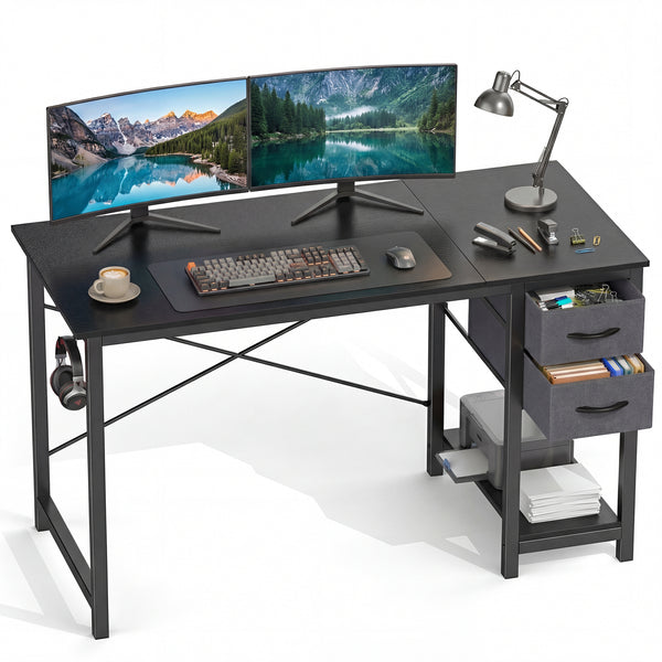 CONCETTA Small Computer Desk with Storage Shelf, 40 or 47 Inch Writing Work Study Computer Desk for Home Office Bedroom, 2-Tier Drawers, Side Headphone Hook, Modern Style for Home Bedroom