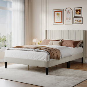 CONCETTA Full Size Bed Frame with Wingback PU Upholstered Headboard and Wooden Slats Support, No Box Spring Needed, Easy Assembly, Black