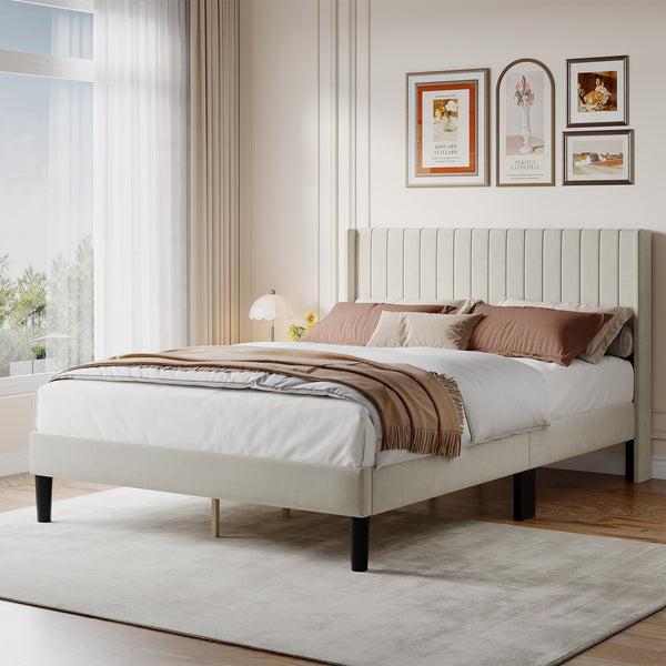 CONCETTA Full Size Bed Frame with Wingback PU Upholstered Headboard and Wooden Slats Support, No Box Spring Needed, Easy Assembly, Black