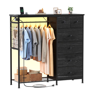 CONCETTA Dresser for Bedroom with Hanging Rack 6 Drawers Dresser, LED Lights & Charging Station, Wooden Top, Grid Panel