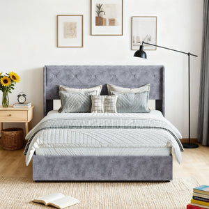 CONCETTA Metal full-size lift storage bed, modern wing-style headboard, velvet soft cushions, hydraulic support, no need for spring box, gray