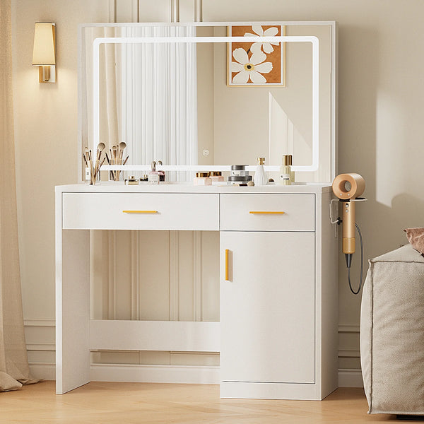 CONCETTA Vanity Desk with Mirror and Lights, Makeup Vanity Table with Hair Dryer & Power Outlet, Dressing Table for Bedroom